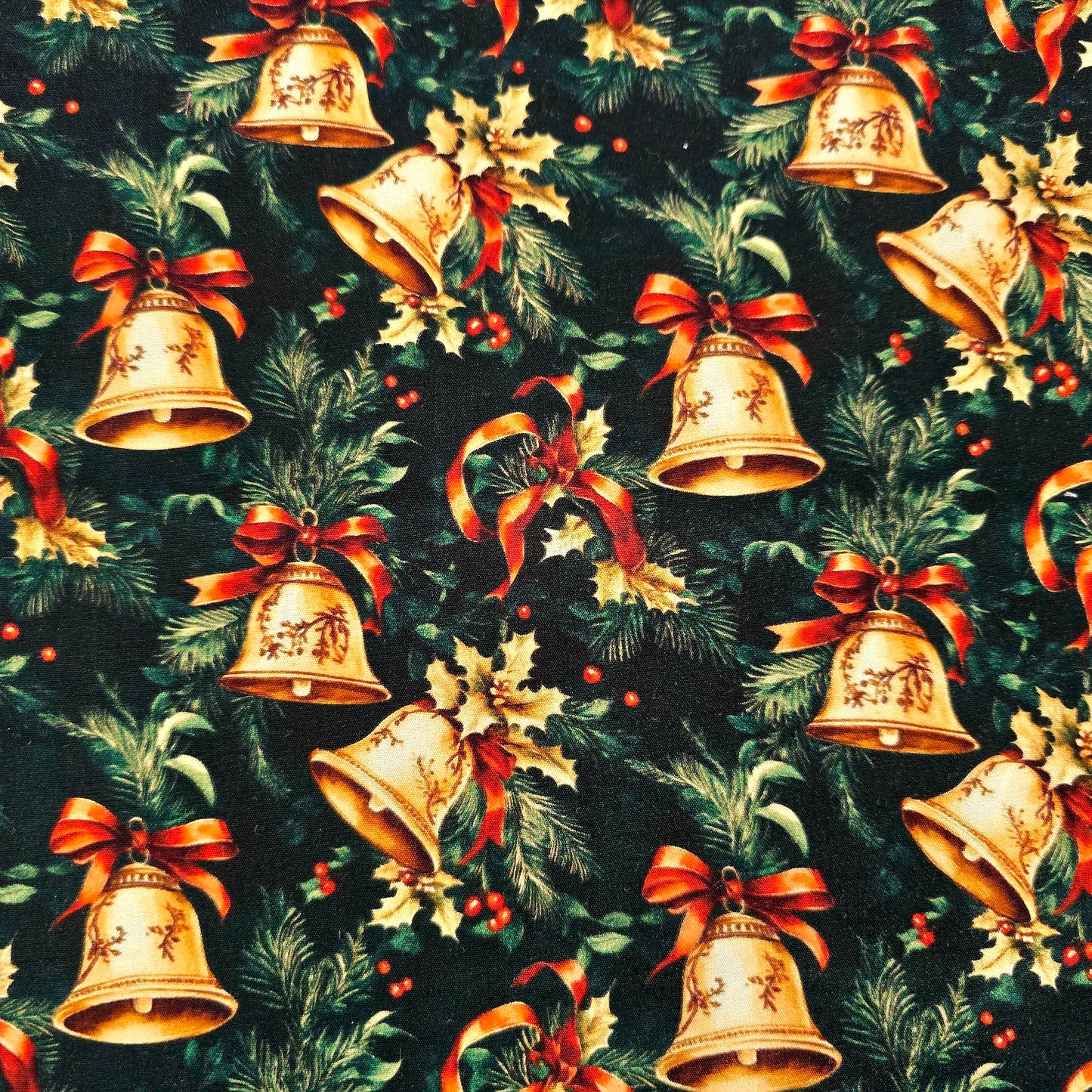 Christmas Fabric Bells and Ribbons on Green – Long Quarter – 100% Cotton – Craft / Sewing
