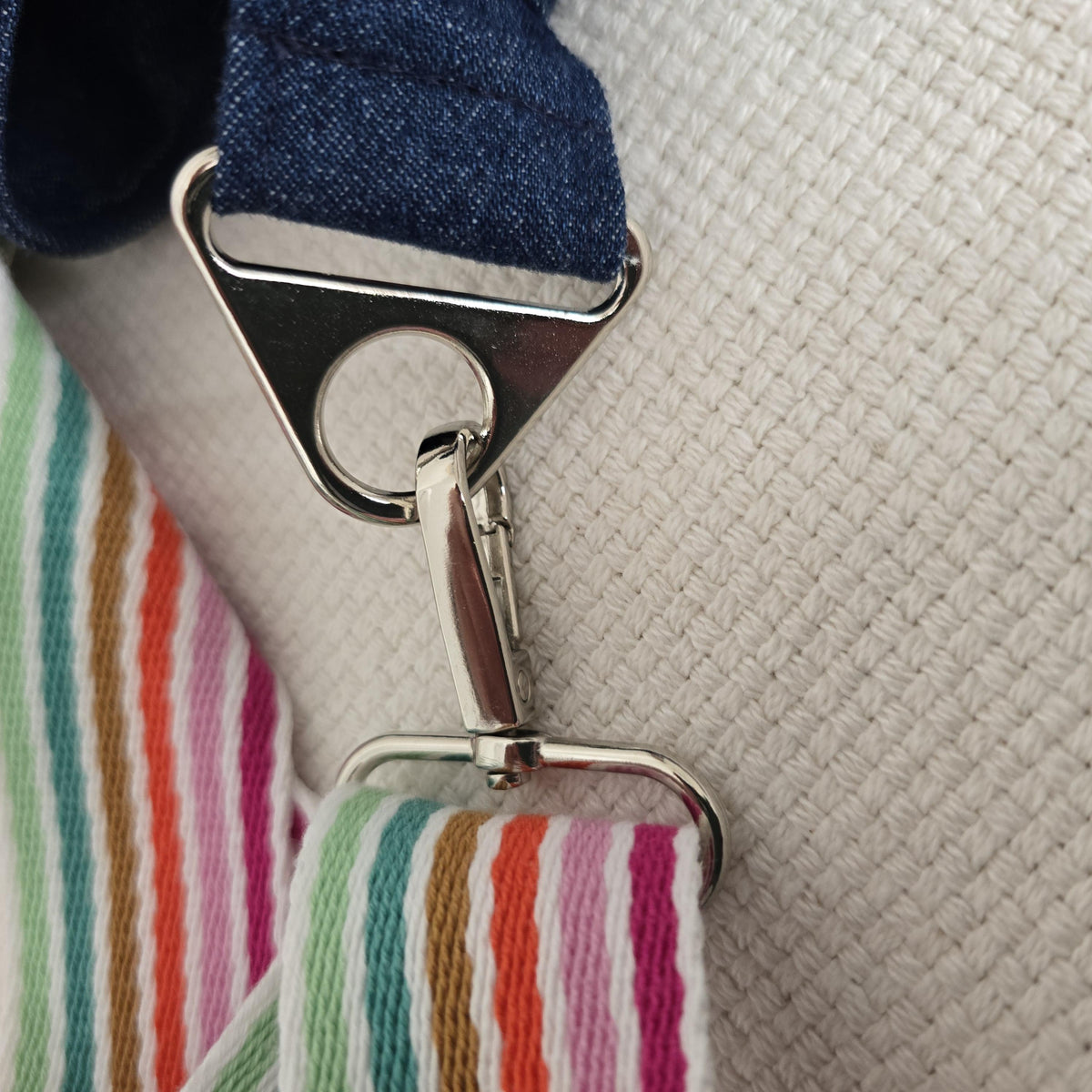 Handmade Denim Crossbody Bag, Floral Cotton Accents, Magnetic Closure, Adjustable Strap