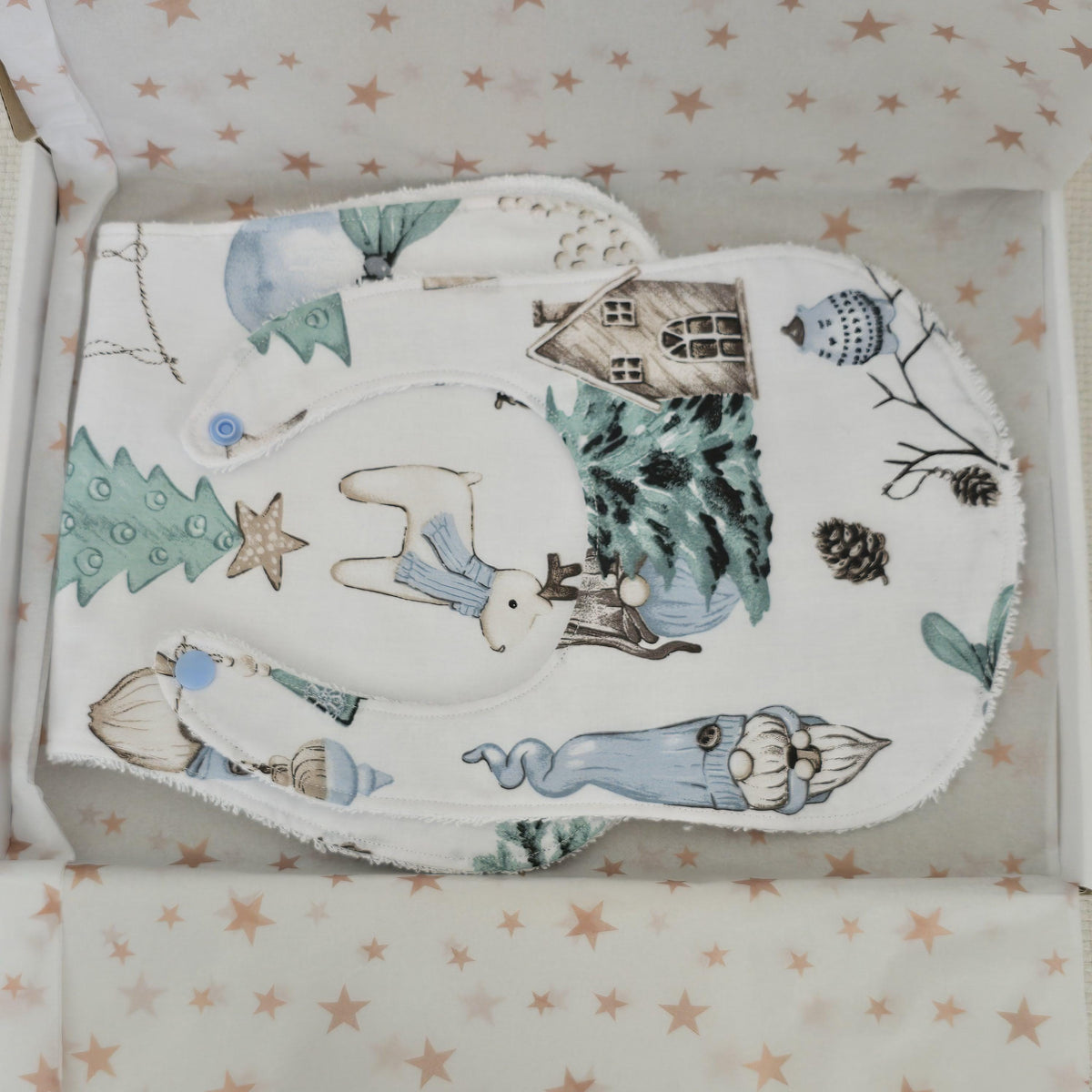 Christmas Baby Bib & Burp Cloth Set – Winter Gnome Reindeer Cotton – Handmade Baby Gift