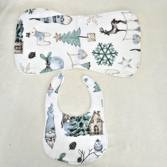 Christmas Baby Bib & Burp Cloth Set – Winter Gnome Reindeer Cotton – Handmade Baby Gift