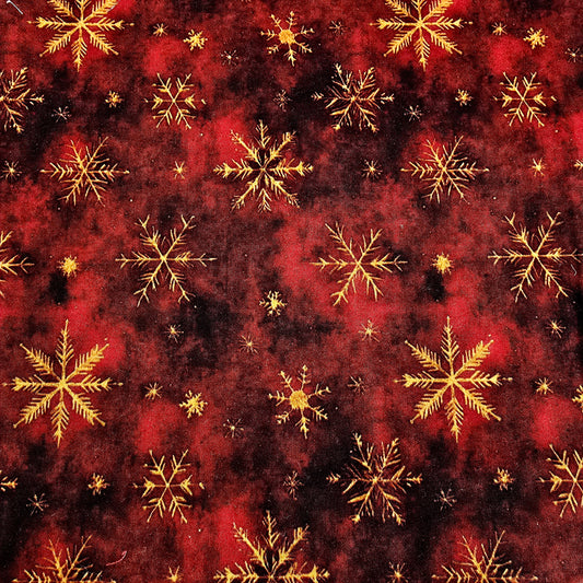 Christmas Fabric Golden Snowflakes on Red – Long Quarter – 100% Cotton – Craft / Sewing