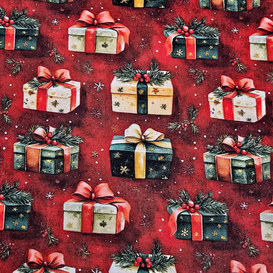 Christmas Fabric Presents on Red – 1 Metre – 100% Cotton – Craft / Sewing