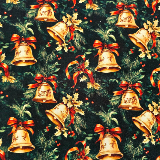 Christmas Fabric Bells and Ribbons on Green – Long Quarter – 100% Cotton – Craft / Sewing