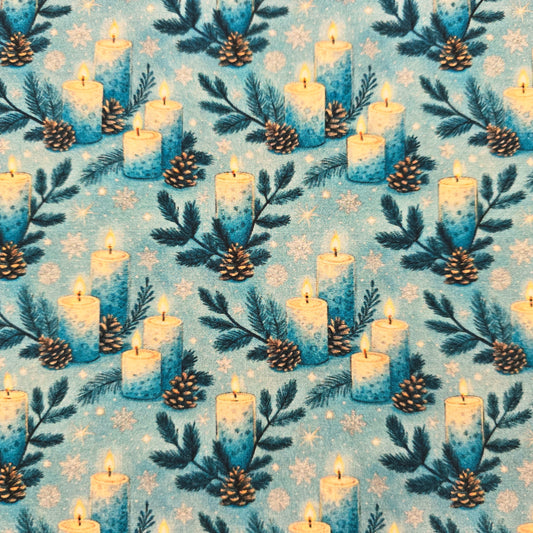 Christmas Candle Fabric Blue – 100% Cotton – 1 Metre – Quilting / Sewing / Craft
