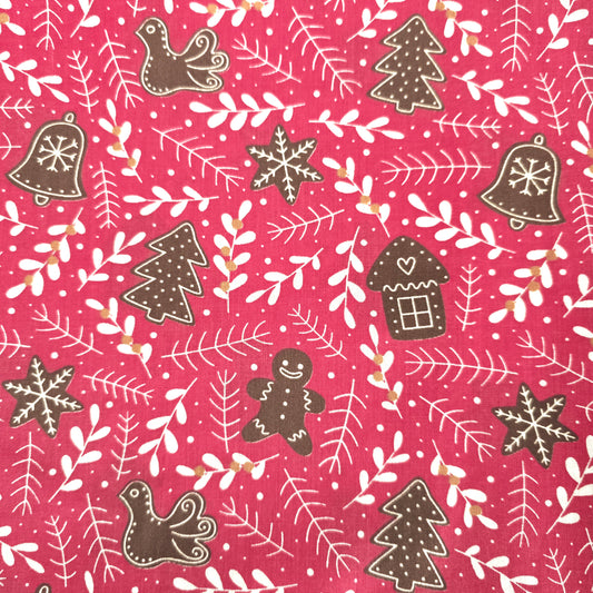 Christmas Fabric Gingerbread Print – Polycotton – Craft / Sewing – Pink