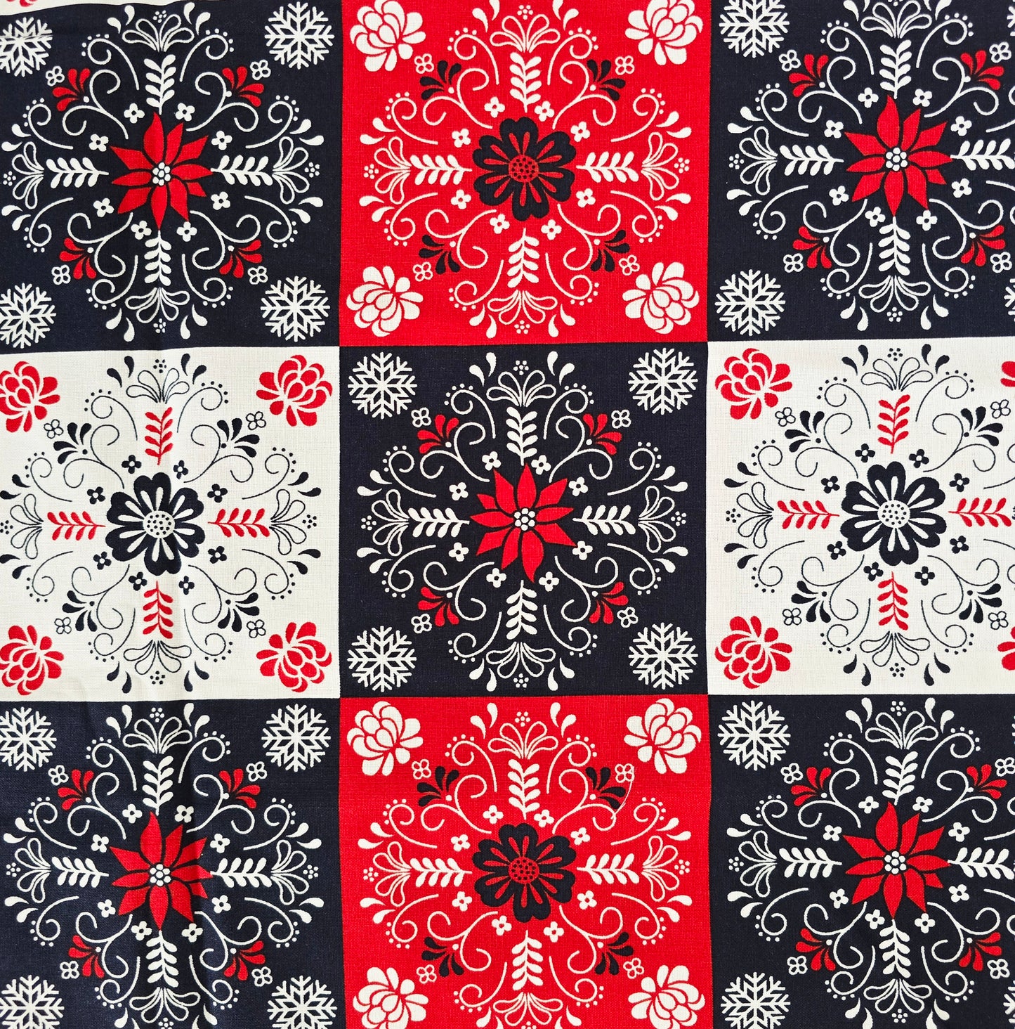 Scandi Patchwork Christmas Fabric Red Blue – 100% Cotton – 1 Metre – Stuart Hillard