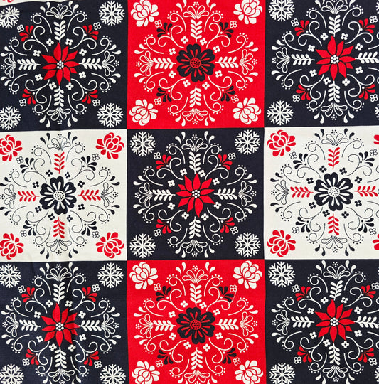 Scandi Patchwork Christmas Fabric Red Blue – 100% Cotton – 1 Metre – Stuart Hillard