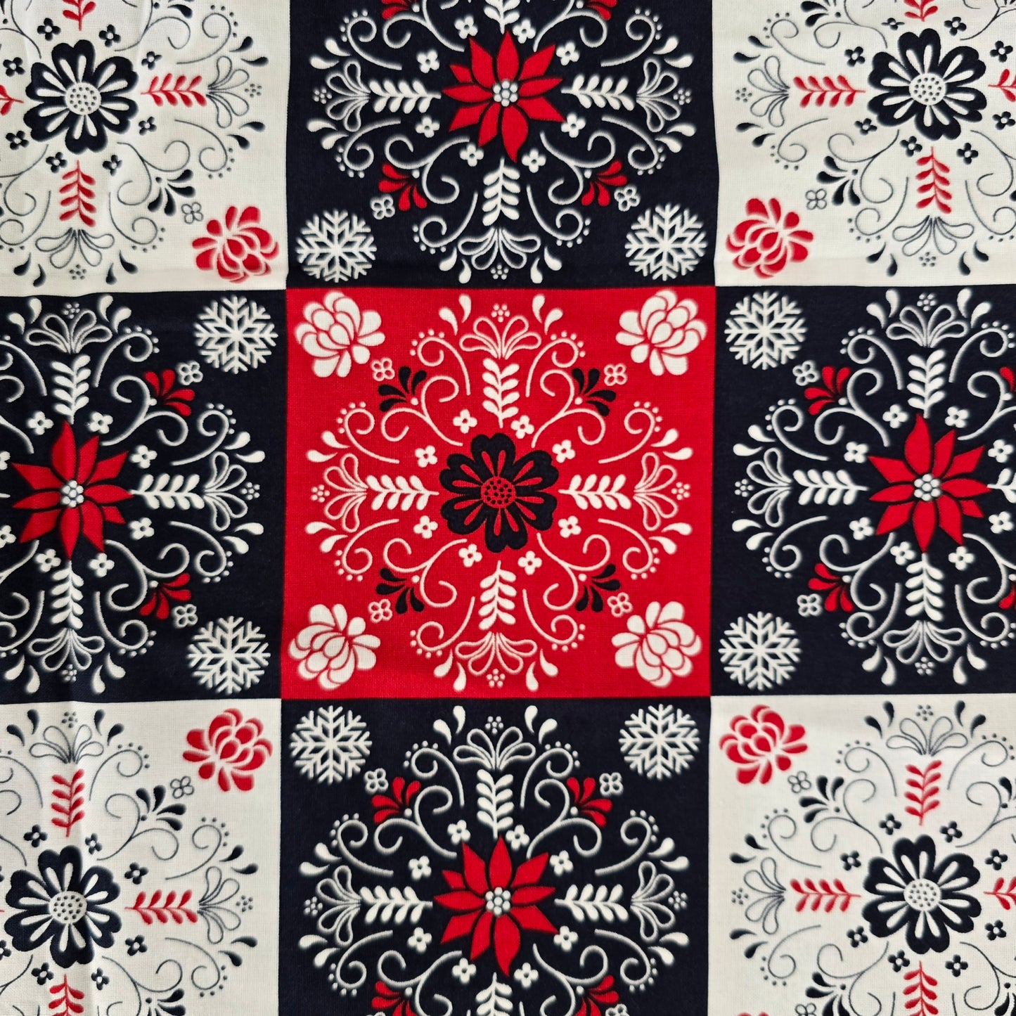 Scandi Patchwork Christmas Fabric Red Blue – 100% Cotton – 1 Metre – Stuart Hillard