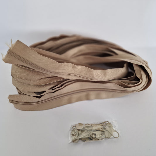 Khaki Nylon Zipper Roll 5m + 10 Sliders – Sewing Supplies