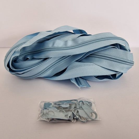 Light Blue Nylon Zipper Roll 5m + 10 Sliders – Sewing Supplies