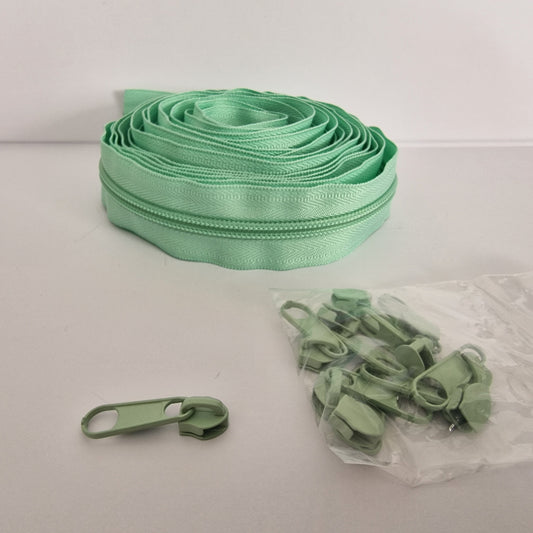 Light Green Nylon Zipper Roll 4.4m + 10 Sliders – Sewing Supplies