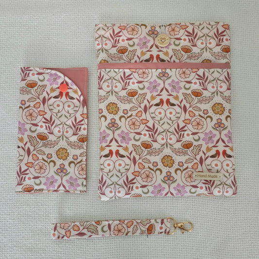 Autumn Floral Book Cover & iPad Sleeve Set, Glasses Case and Wristlet, Handmade Botanical Fabric Accessories