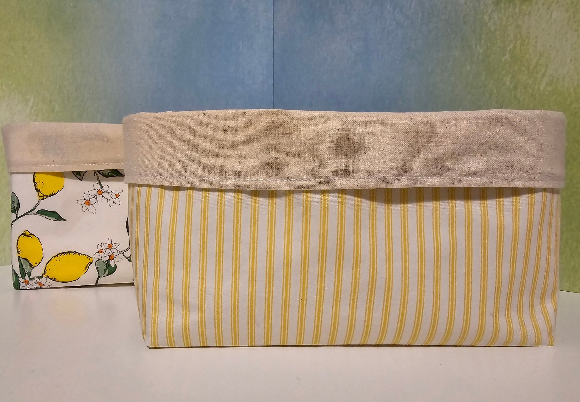 Yellow Striped Fabric Basket: Reversible Cotton Canvas Bread Basket