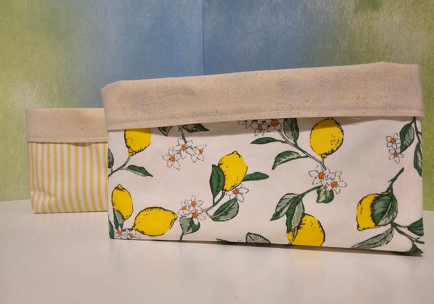 Lemon Pattern Fabric Basket: Reversible Canvas Bread Basket