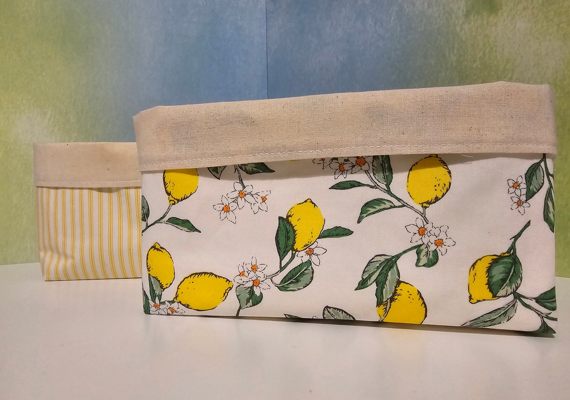 Yellow Striped Fabric Basket: Reversible Cotton Canvas Bread Basket