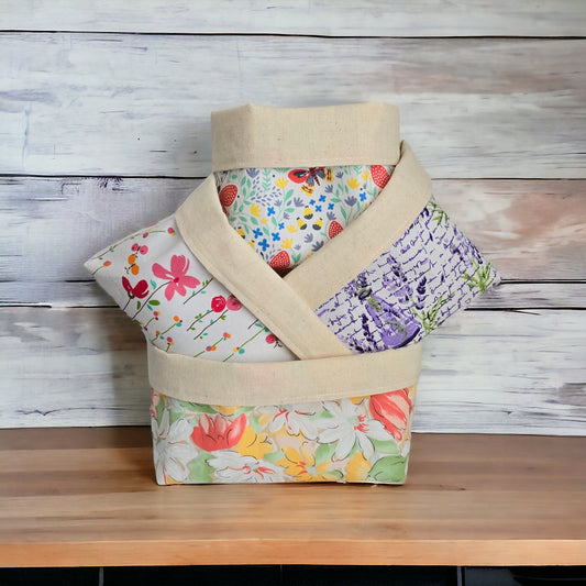 Floral Fabric Basket with Canvas Lining – Reversible Eco-Friendly Organizer, Handmade in UK