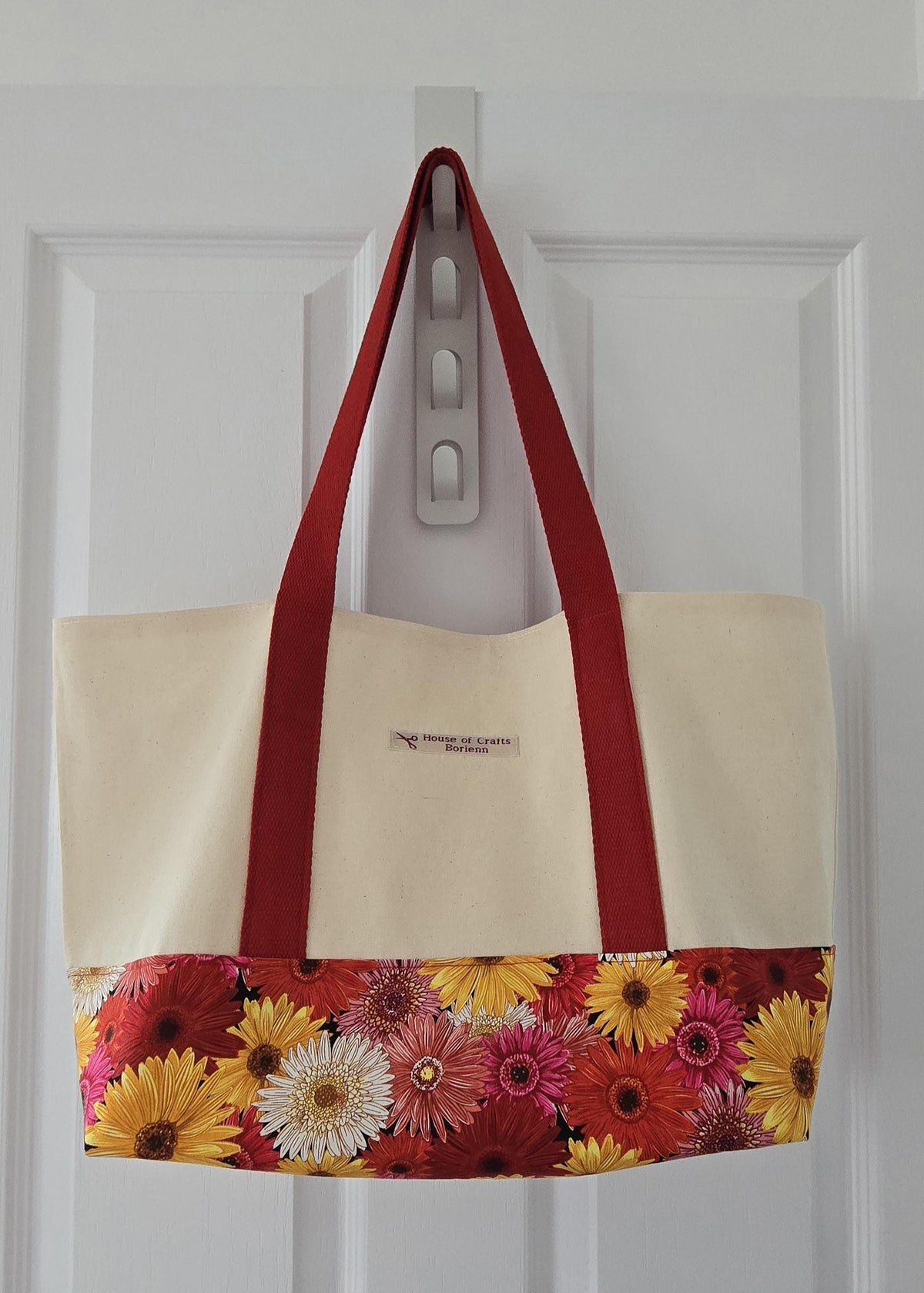 Handcrafted Floral Tote Bag – Gerbera Pattern Fabric with Long Handles