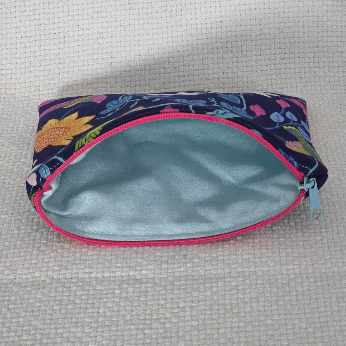 Hummingbird Floral Cosmetic Bag – Handmade Navy Makeup Pouch, Colourful Gift for Her