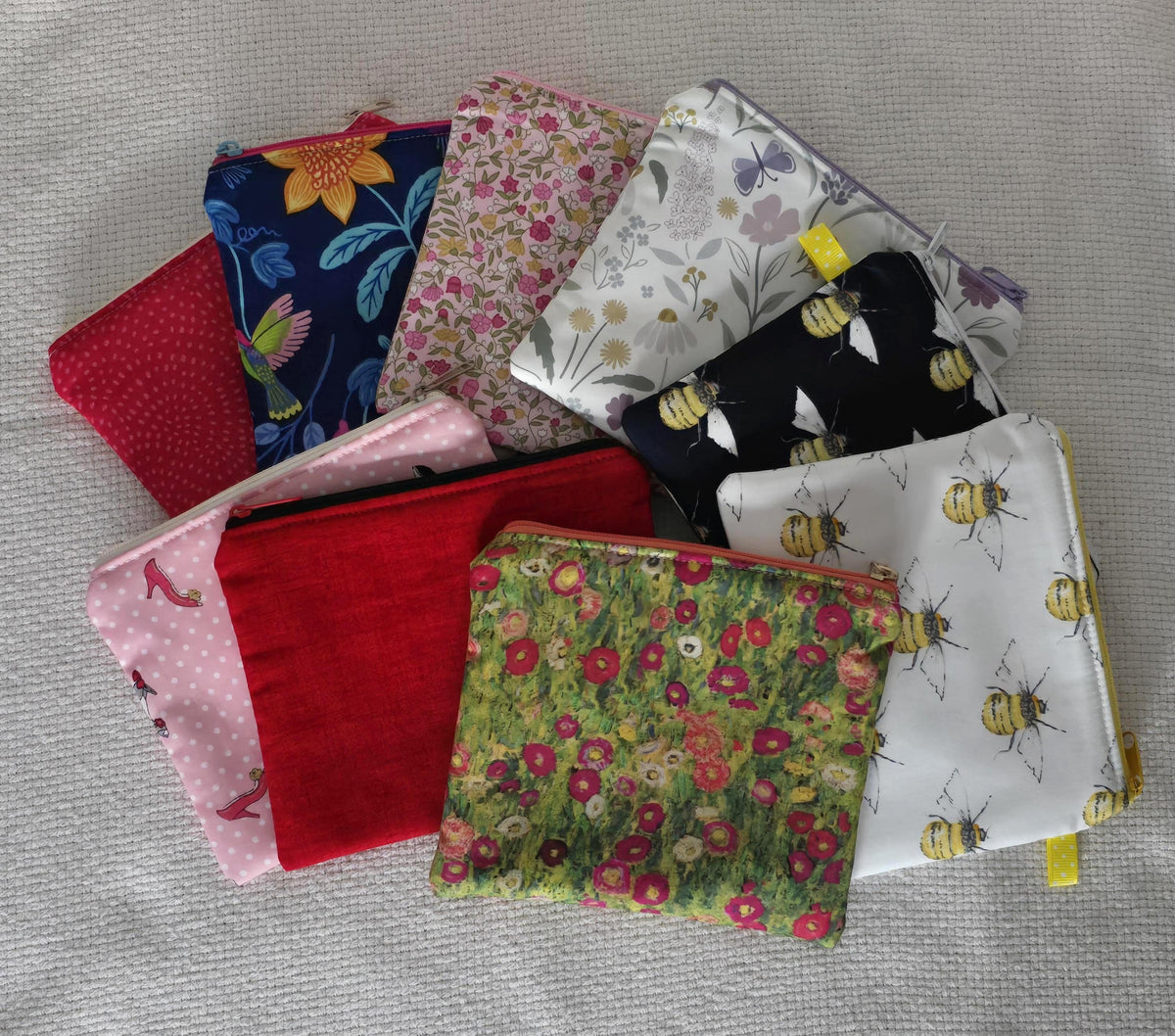 Handmade White Bumble Bee Cosmetic Bag – Cotton Zip Pouch, Bee Lover Gift