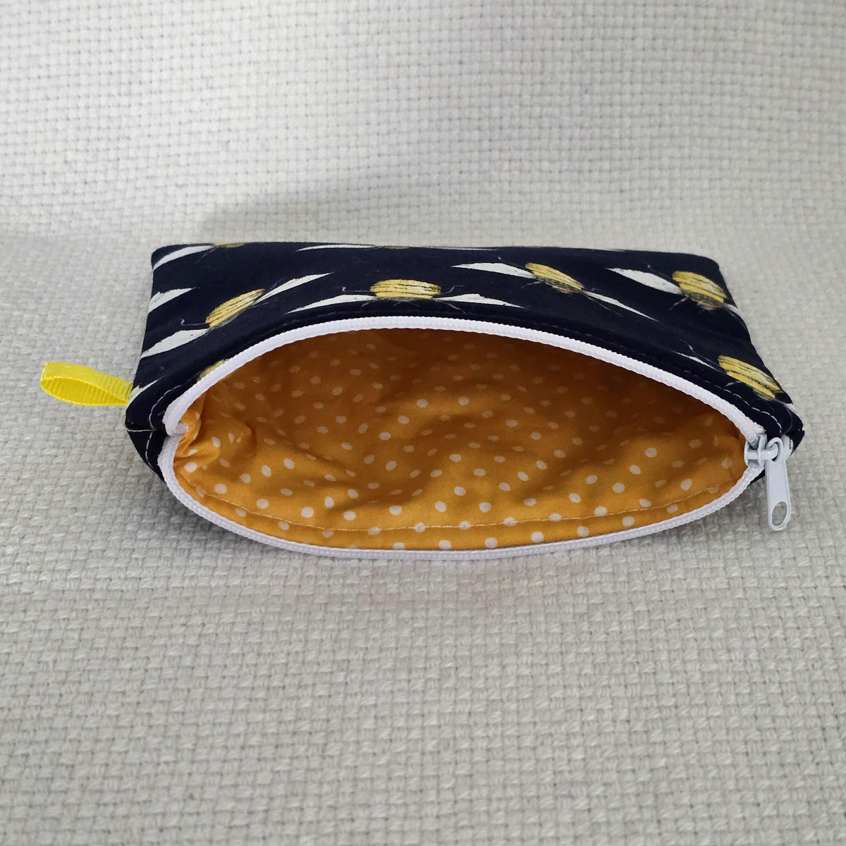 Navy Bumble Bee Cosmetic Bag – Handmade Cotton Pouch with Polka Dot Lining