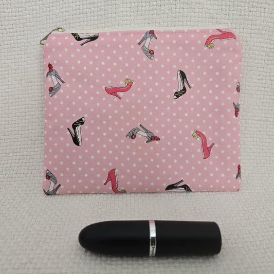 Handmade Cosmetic Bag – Pink Polka Dot High Heel Shoe Pouch, England Made Gift