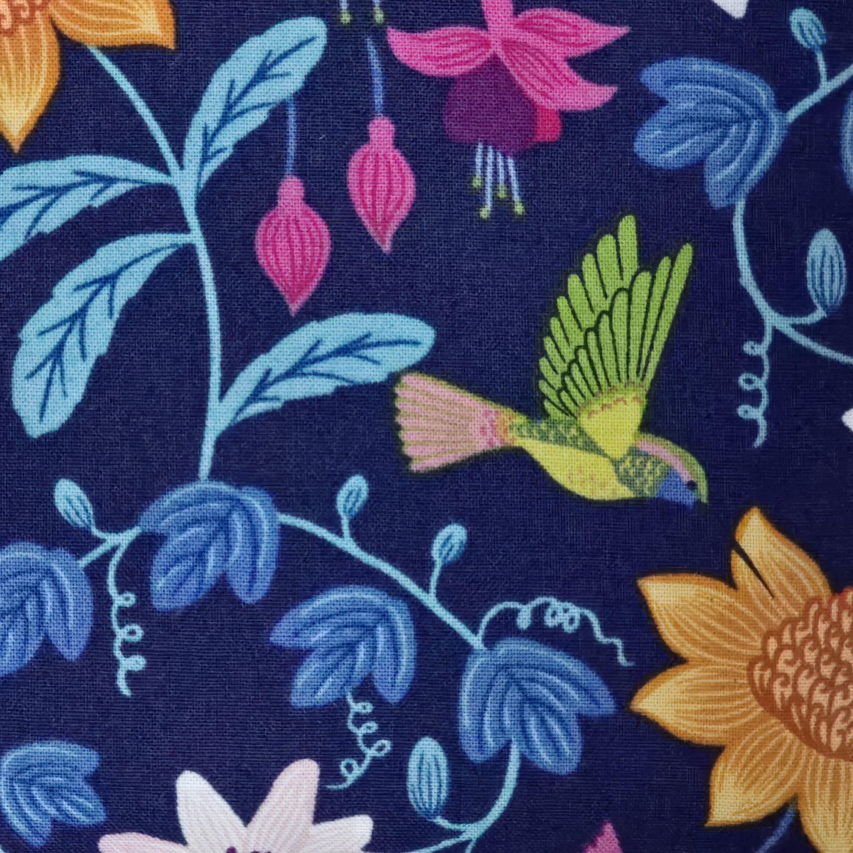 Hummingbird Floral Cosmetic Bag – Handmade Navy Makeup Pouch, Colourful Gift for Her