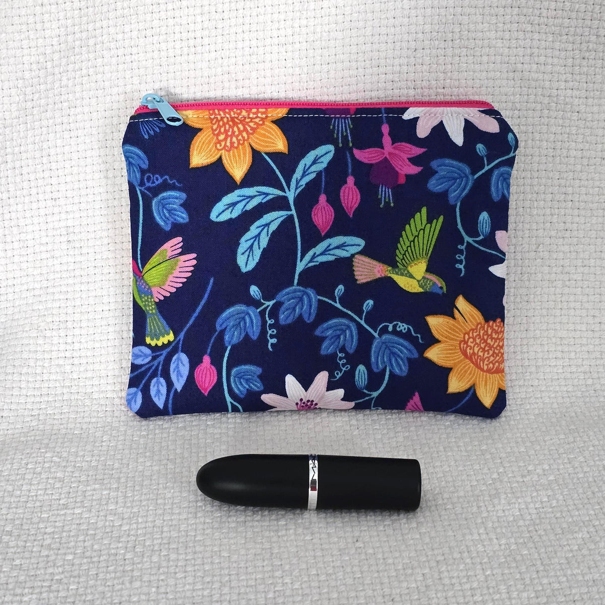 Hummingbird Floral Cosmetic Bag – Handmade Navy Makeup Pouch, Colourful Gift for Her