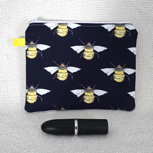 Navy Bumble Bee Cosmetic Bag – Handmade Cotton Pouch with Polka Dot Lining