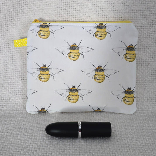 Handmade White Bumble Bee Cosmetic Bag – Cotton Zip Pouch, Bee Lover Gift
