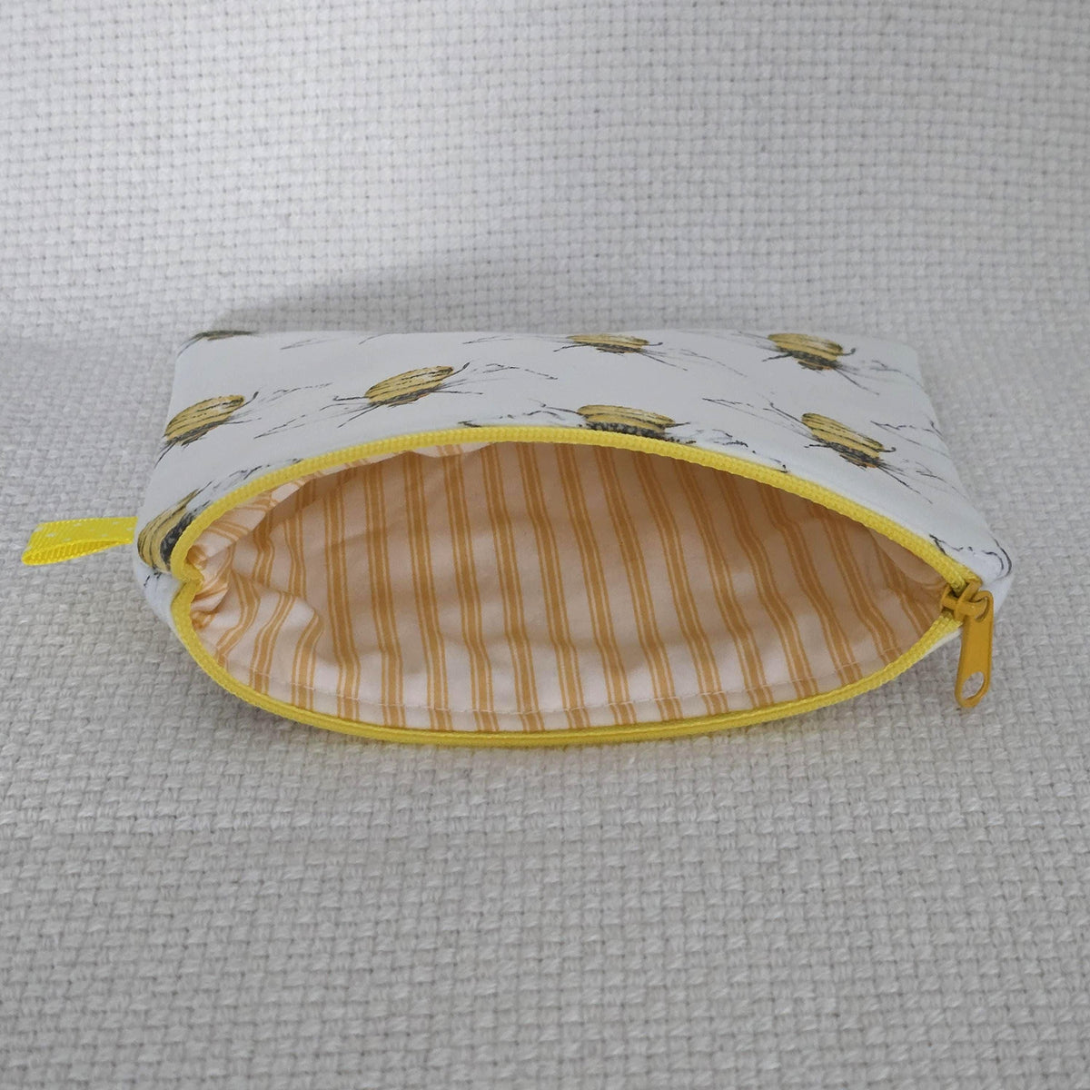 Handmade White Bumble Bee Cosmetic Bag – Cotton Zip Pouch, Bee Lover Gift