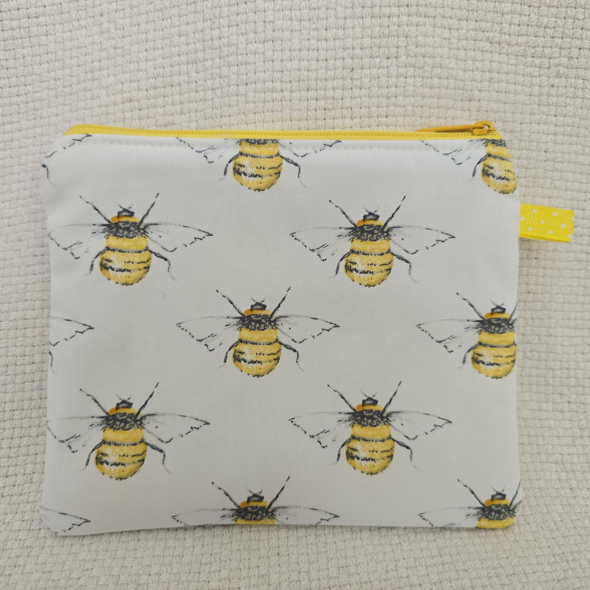 Handmade White Bumble Bee Cosmetic Bag – Cotton Zip Pouch, Bee Lover Gift