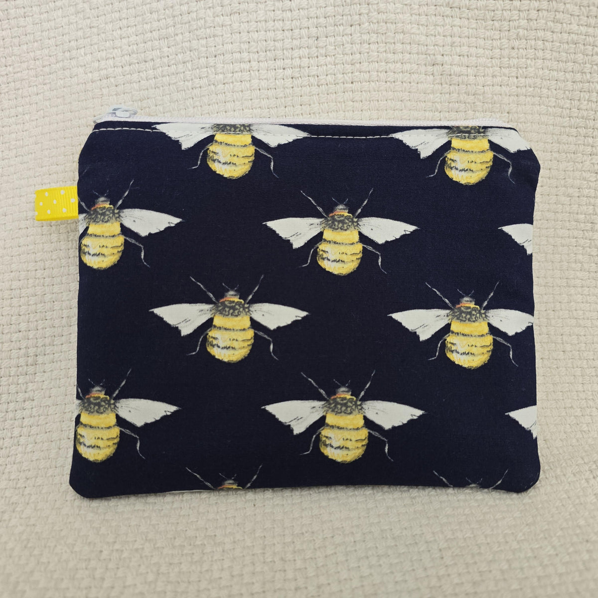 Navy Bumble Bee Cosmetic Bag – Handmade Cotton Pouch with Polka Dot Lining