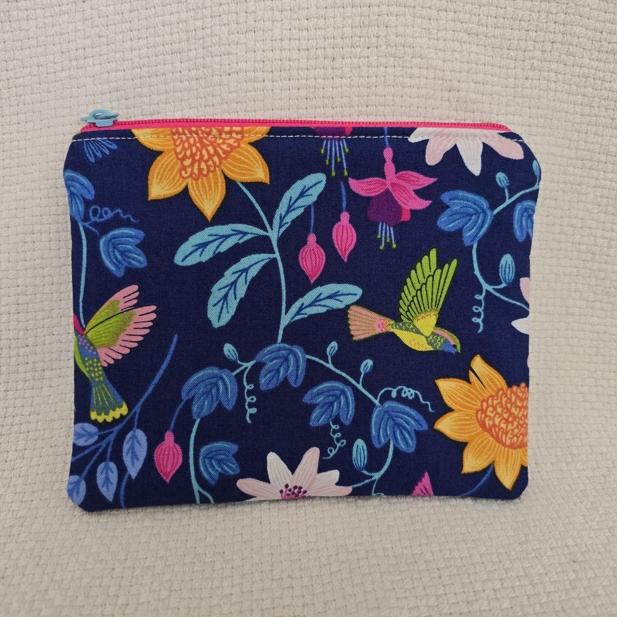 Hummingbird Floral Cosmetic Bag – Handmade Navy Makeup Pouch, Colourful Gift for Her