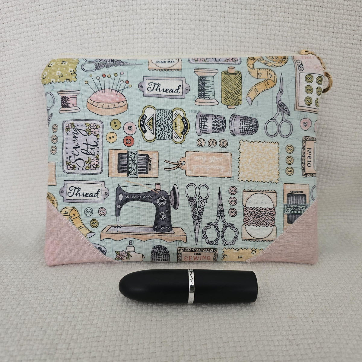 Sewing Themed Cosmetic Bag, Handmade Zipper Pouch, Quilting & Craft Gift