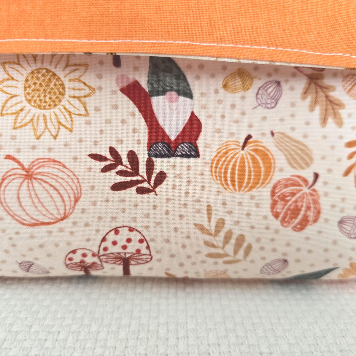 Handmade Reversible Autumn Gnome Fabric Basket, Pumpkin Bread Storage (20x9x12cm)
