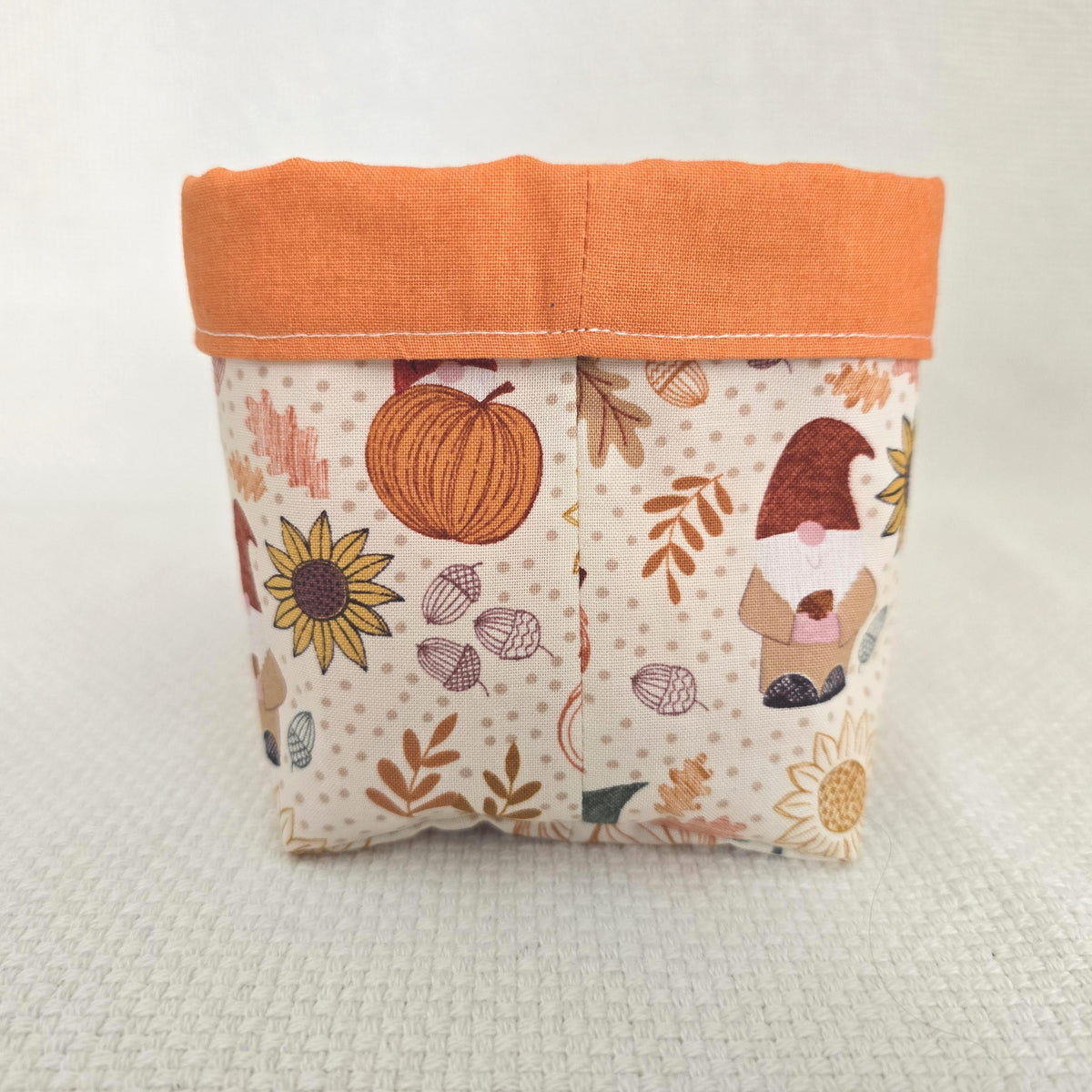 Handmade Reversible Autumn Gnome Fabric Basket, Pumpkin Bread Storage (20x9x12cm)