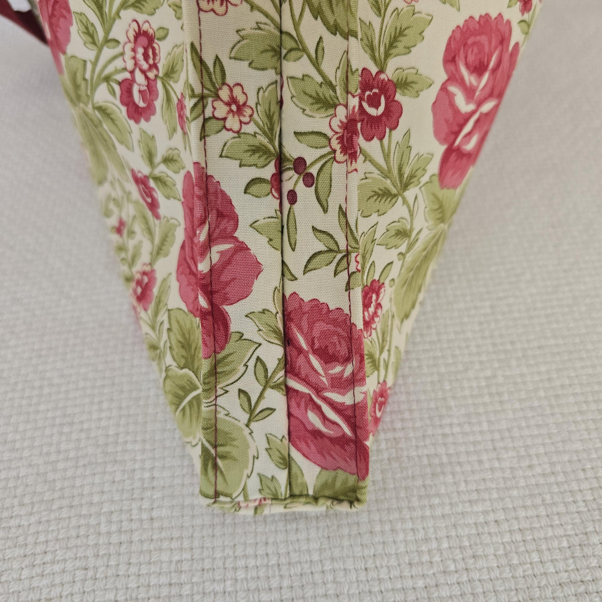 Handmade Rose Print Cotton Tote, Burgundy Lined Market Bag (30x32cm)
