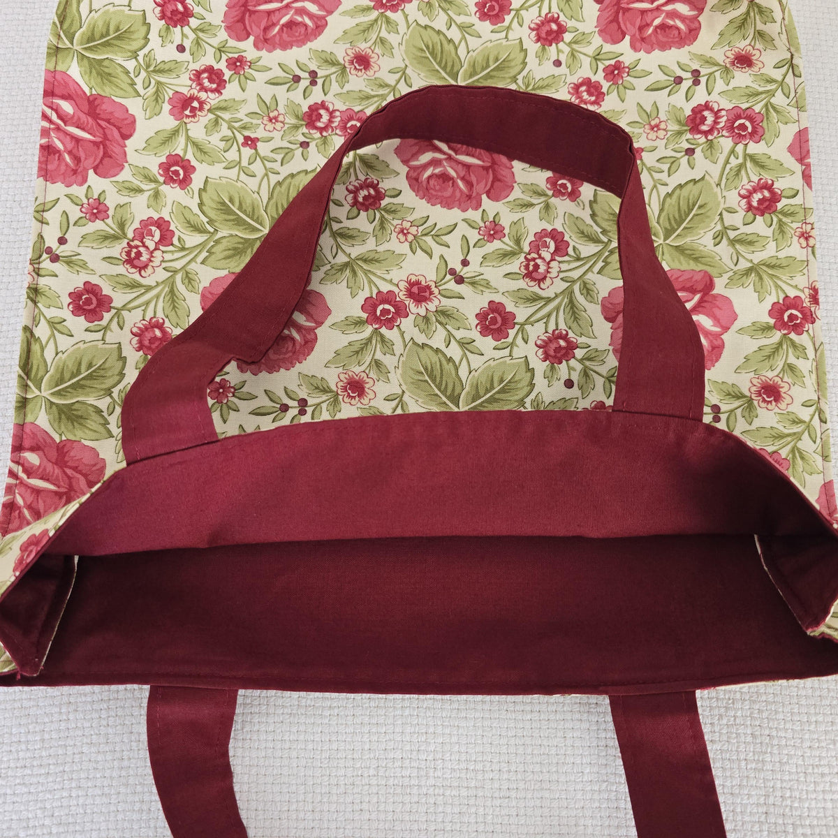 Handmade Rose Print Cotton Tote, Burgundy Lined Market Bag (30x32cm)