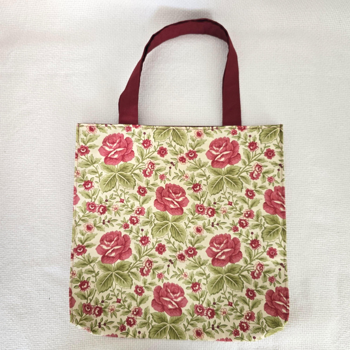 Handmade Rose Print Cotton Tote, Burgundy Lined Market Bag (30x32cm)
