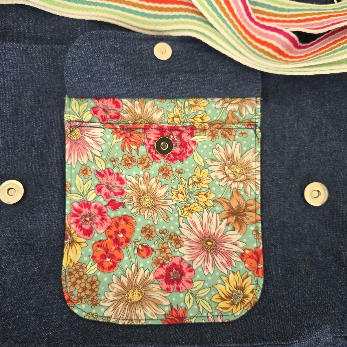 Handmade Denim Crossbody Bag, Floral Cotton Accents, Magnetic Closure, Adjustable Strap
