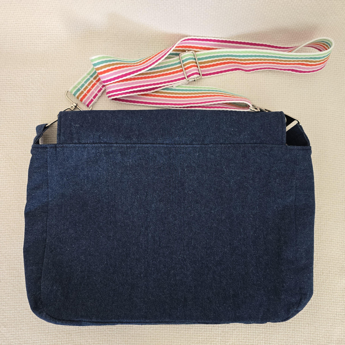Handmade Denim Crossbody Bag, Floral Cotton Accents, Magnetic Closure, Adjustable Strap