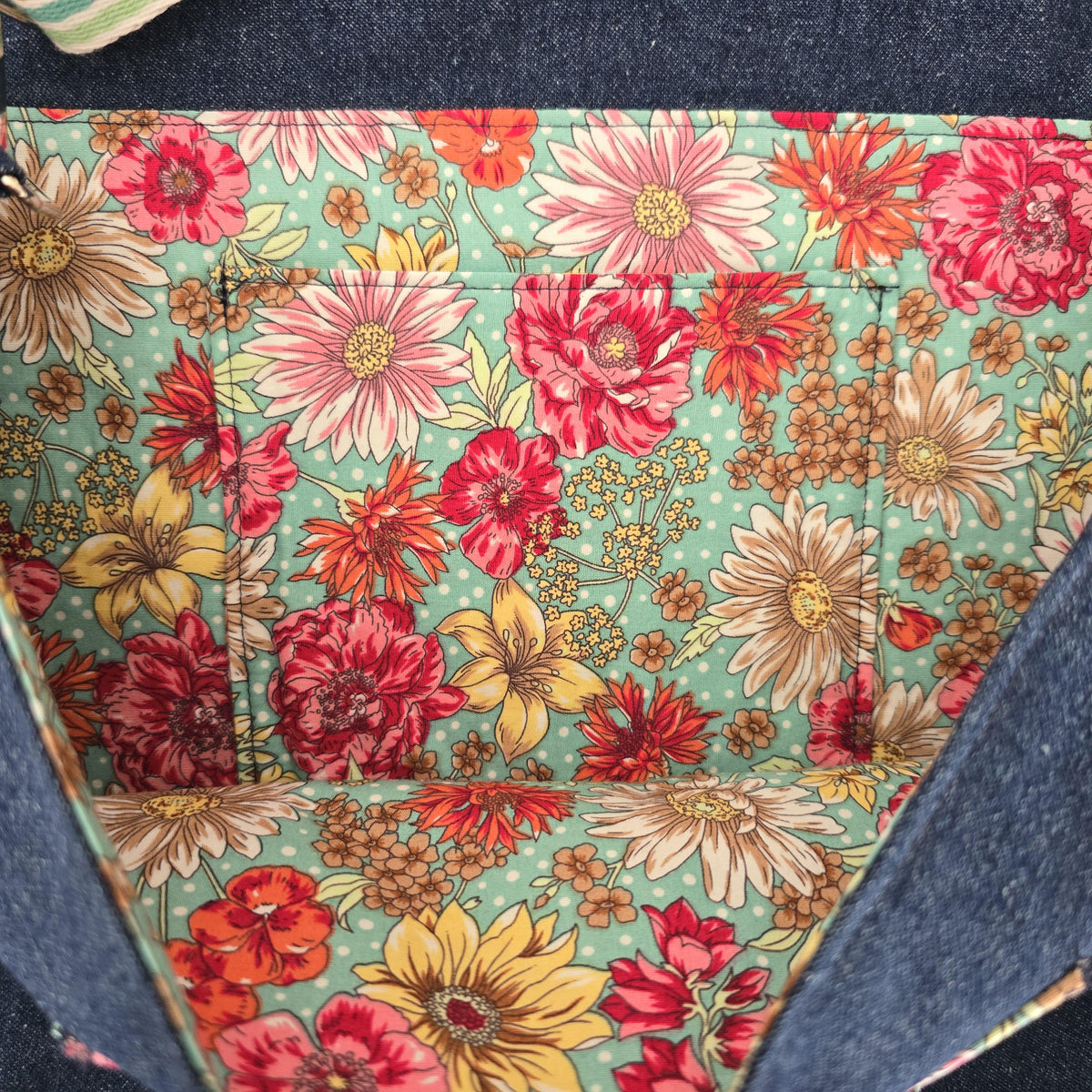 Handmade Denim Crossbody Bag, Floral Cotton Accents, Magnetic Closure, Adjustable Strap