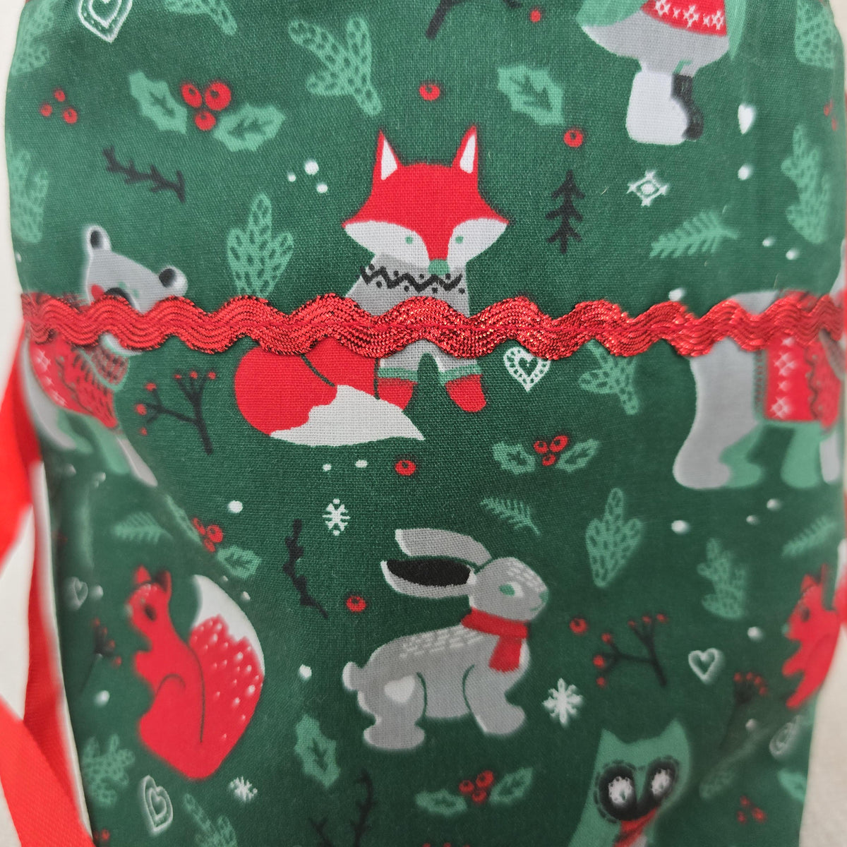 Handmade Woodland Christmas Gift Bag, Padded Fabric Sack, Reusable Stocking Filler