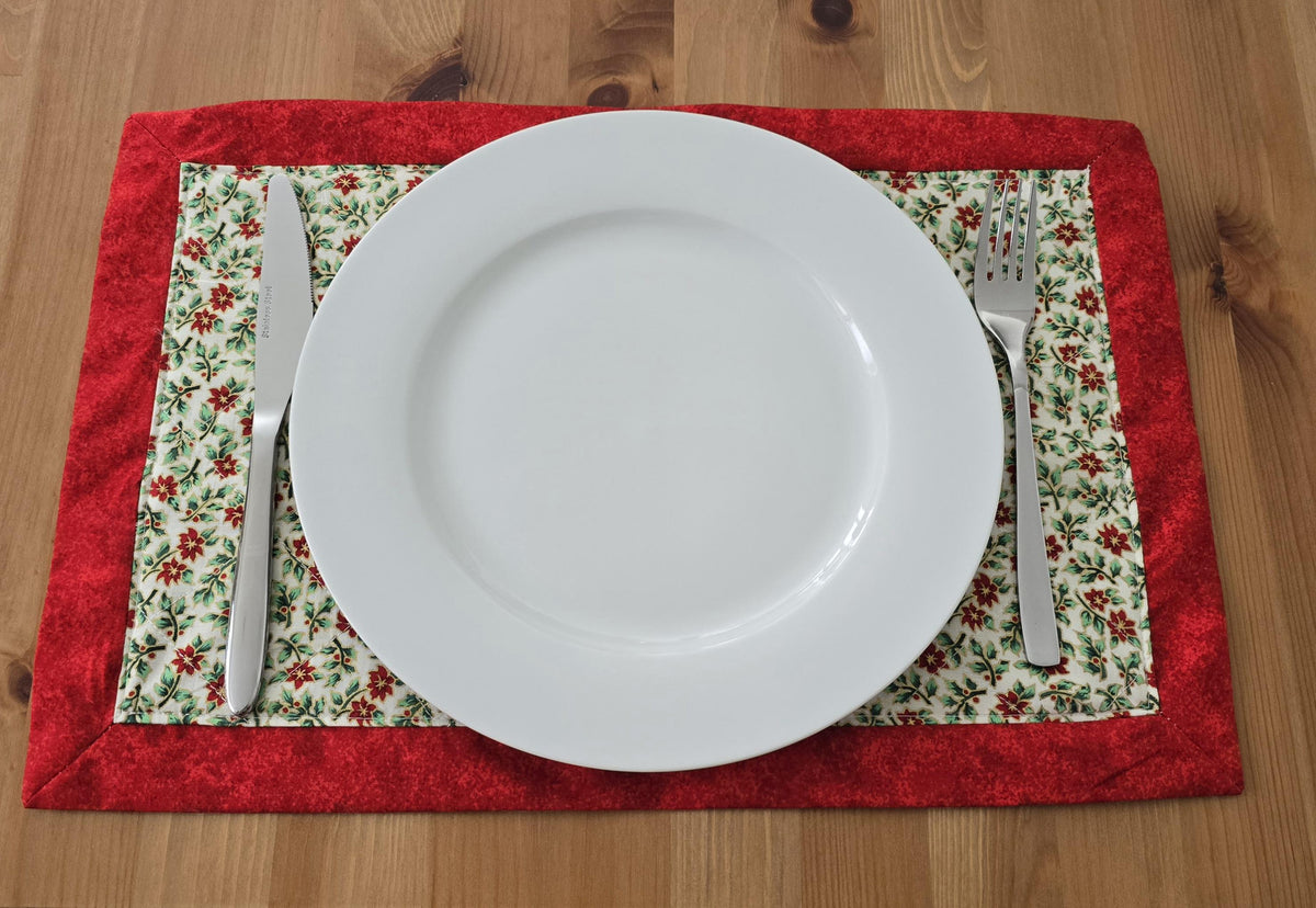Handmade Quilted Poinsettia Placemat, Red Holly Christmas Table Decor