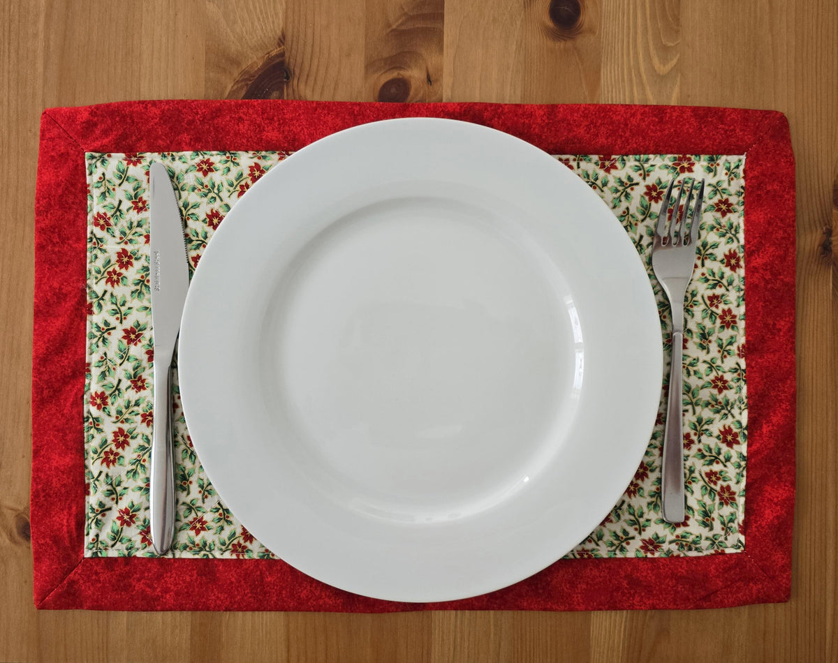 Handmade Quilted Poinsettia Placemat, Red Holly Christmas Table Decor