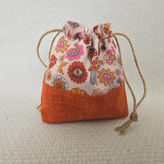 Handmade Autumn Mushroom Drawstring Pouch, Floral Jewellery Bag (14x11cm)