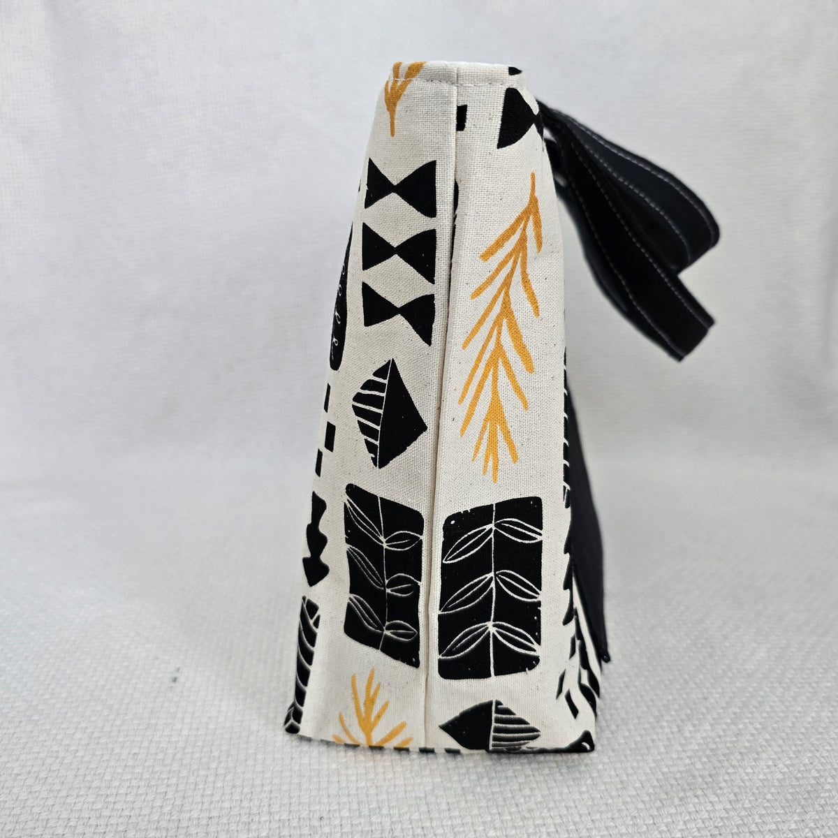 Handmade Canvas Tote Bag, Black Mustard Geometric Print, Structured Shoulder Bag