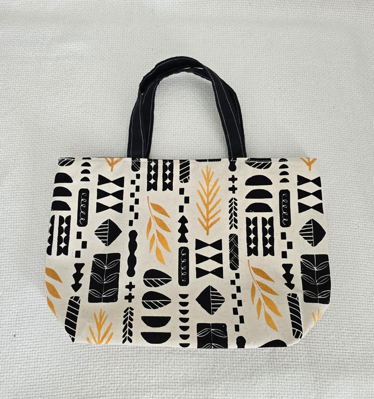 Handmade Canvas Tote Bag, Black Mustard Geometric Print, Structured Shoulder Bag