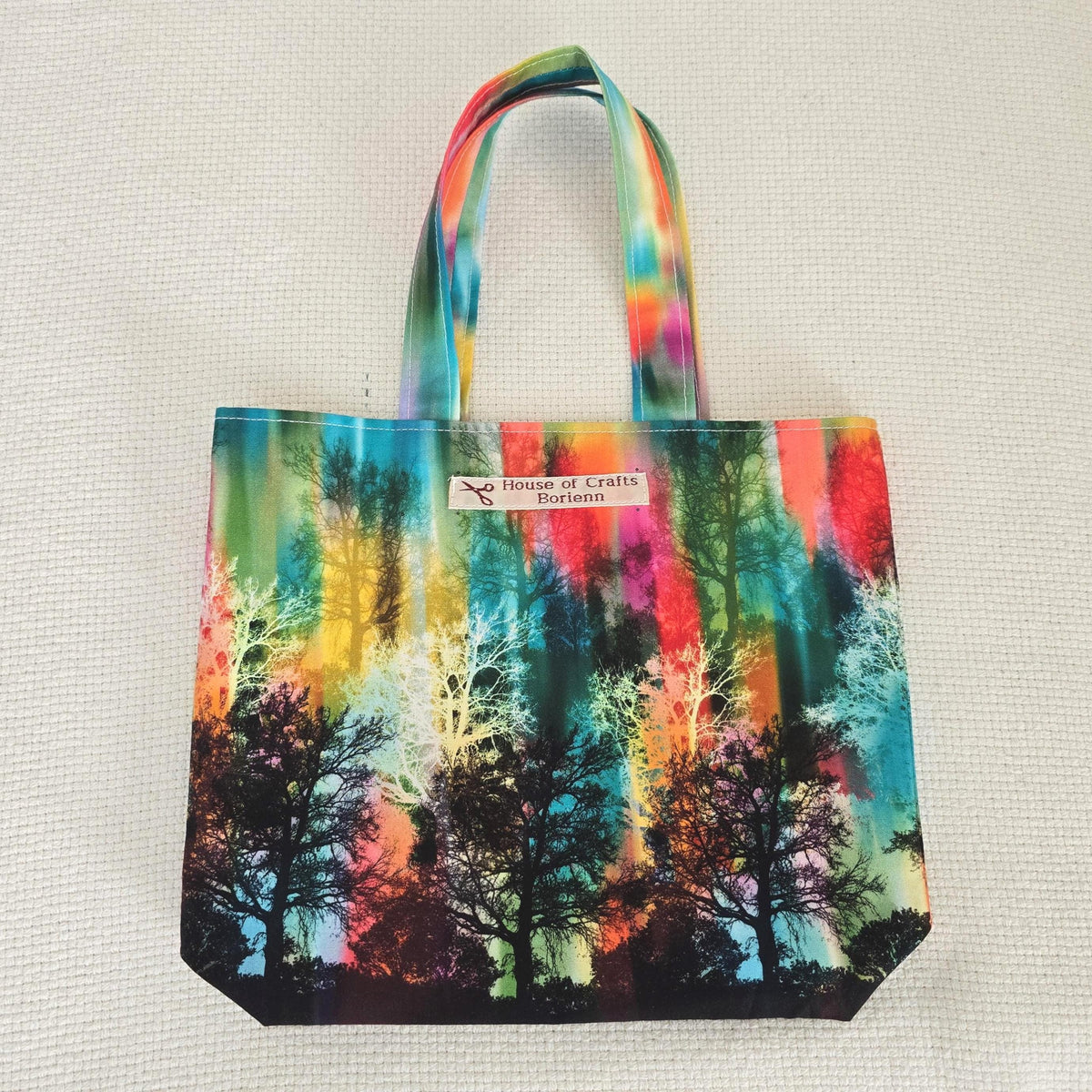Colourful Forest Mini Tote Bag, Small Snack Bag, Gift Tote, Rainbow Tree Handbag, Handmade Small Fabric Bag