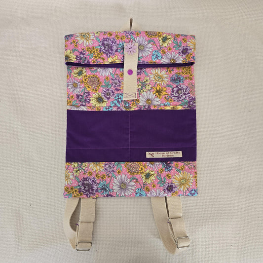 Floral Backpack, Pink Cotton Daypack, Padded Handmade Rucksack, Adjustable Strap Backpack, Small Everyday Bag